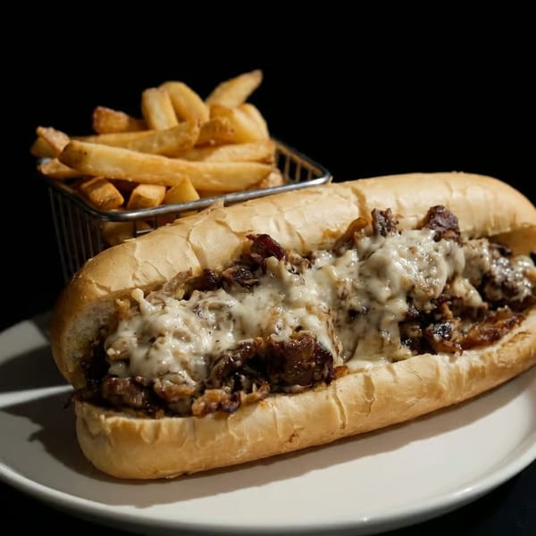 Cheesesteak sandwich with melted cheese and onions, served with a side of golden french fries.
