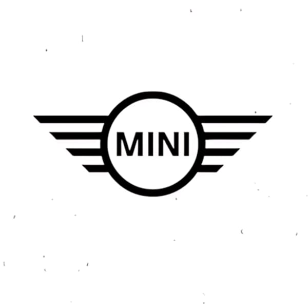 Black and white Mini Cooper logo with the word "MINI" in a circle and wings.