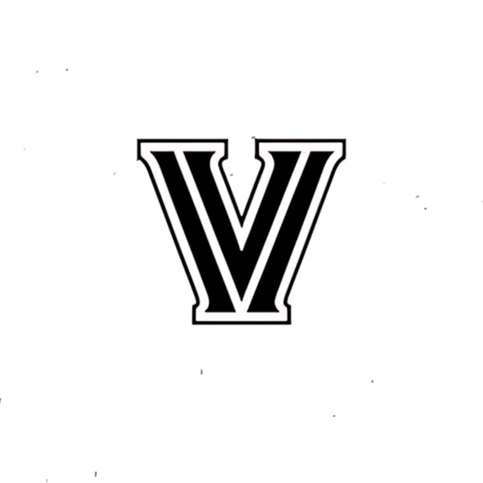 Black letter 'V' with a white outline and a thin black border on a white background.