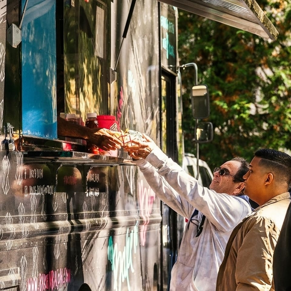 A customer in sunglasses receives food from a food truck vendor on a sunny day.