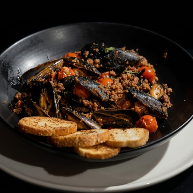 Mussels with Bacon Crumbles.